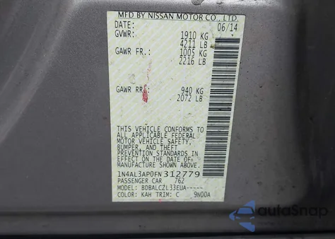 2015 Nissan Altima 2.5/2.5 S/2.5 Sl/2.5 Sv z USA, uszkodzony, nr VIN 1N4AL3AP0FN312779